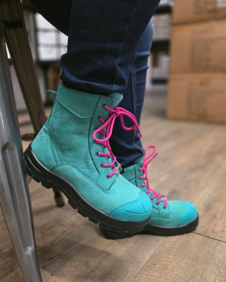 Close up of aqua safety working boot