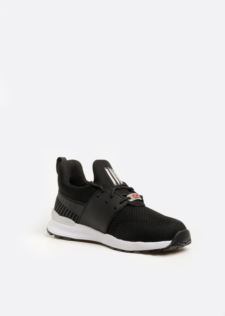 Black and white athleisure sneaker with knit mesh upper