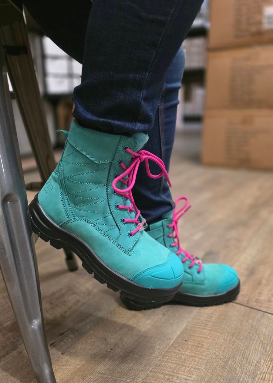 Close up of aqua safety working boot