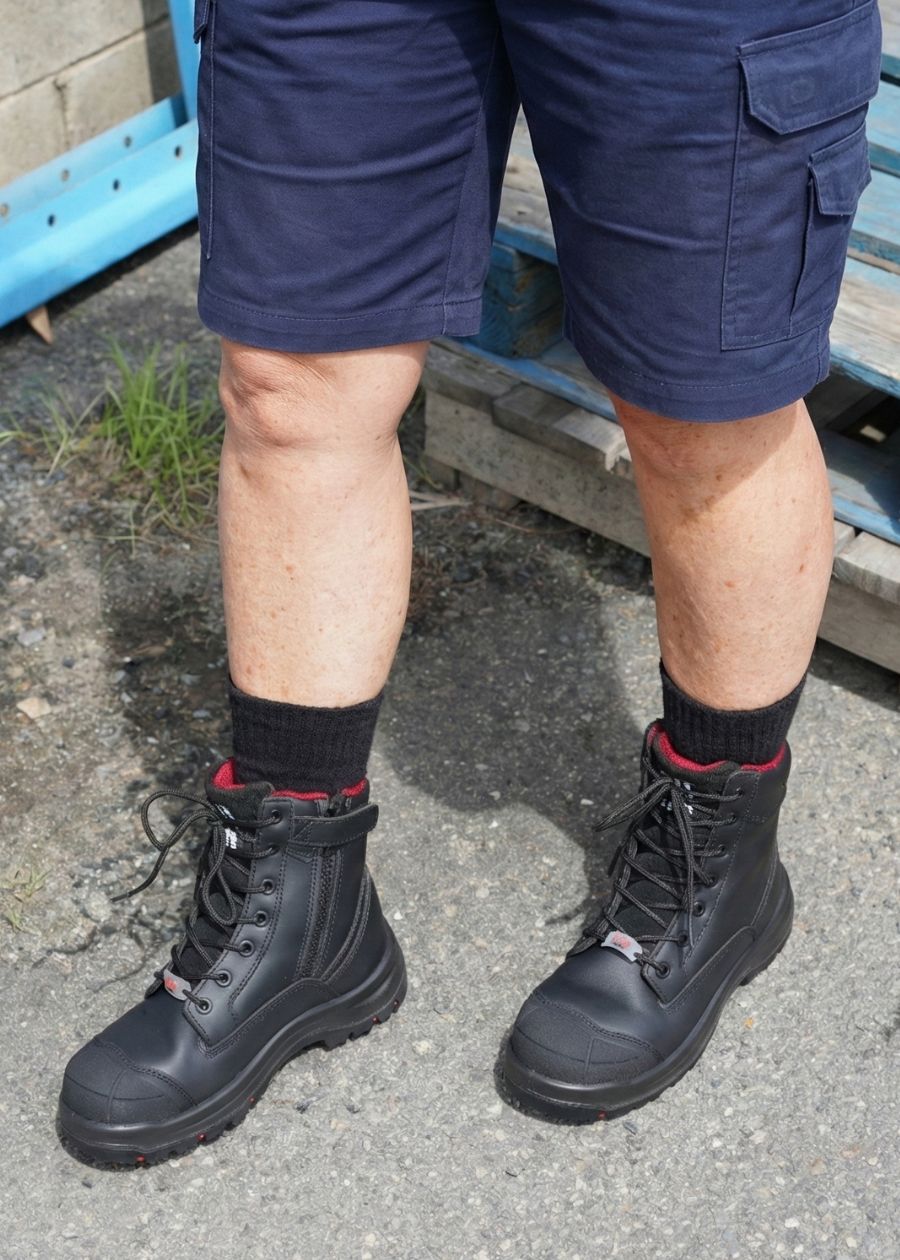 Legs with blue cargo shorts, black socks, and black lace-up work boots featuring a red interior lining. 