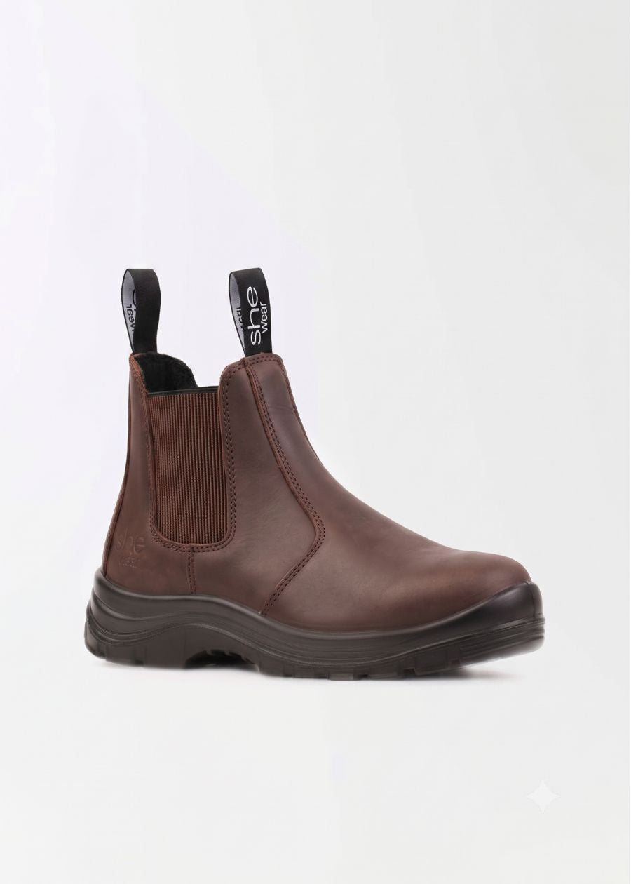 Side image of brown boots