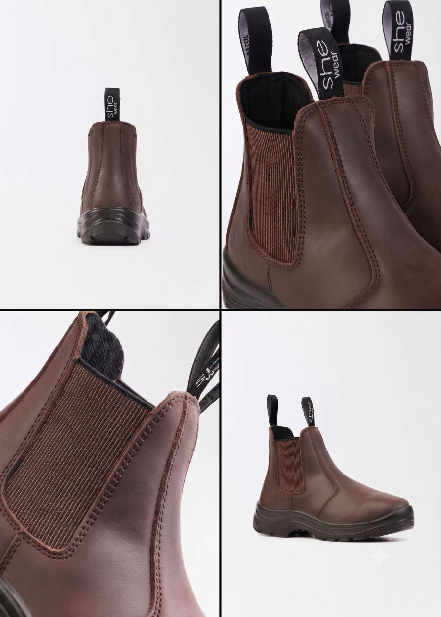 Four images of brown boots 