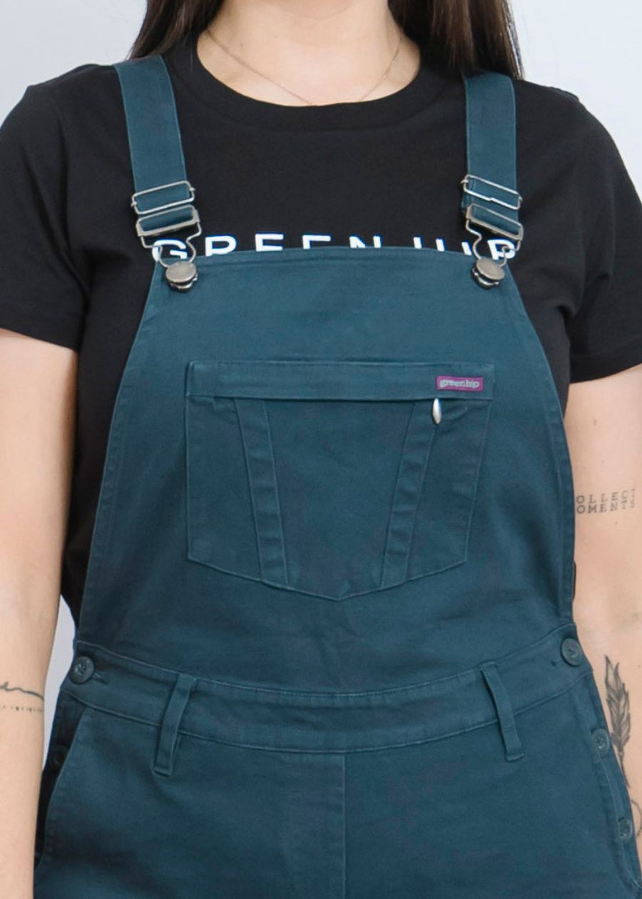 Front bib pocket and adjustable waistband with beltloops on a green pair of overalls 