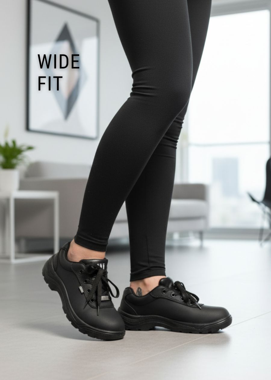 Side view of person in wide-fit leather sneakers with office in background. 