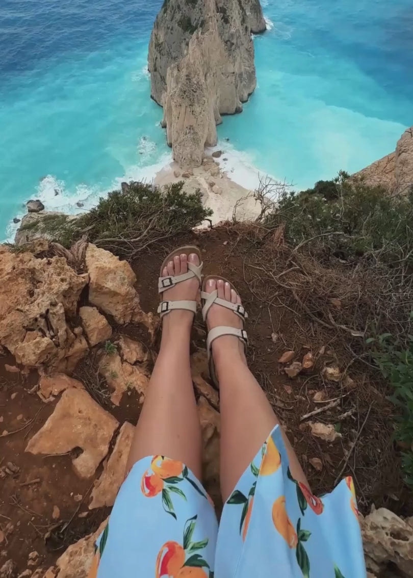 Woman traveling Europe in comfortable beige slides