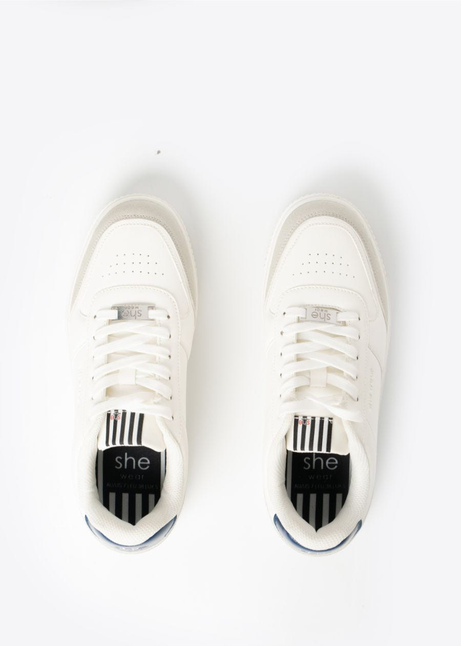A pair of White Grey and Navy fashion sneakers with Bio mechanical anti fatigue footbed for all-day comfort