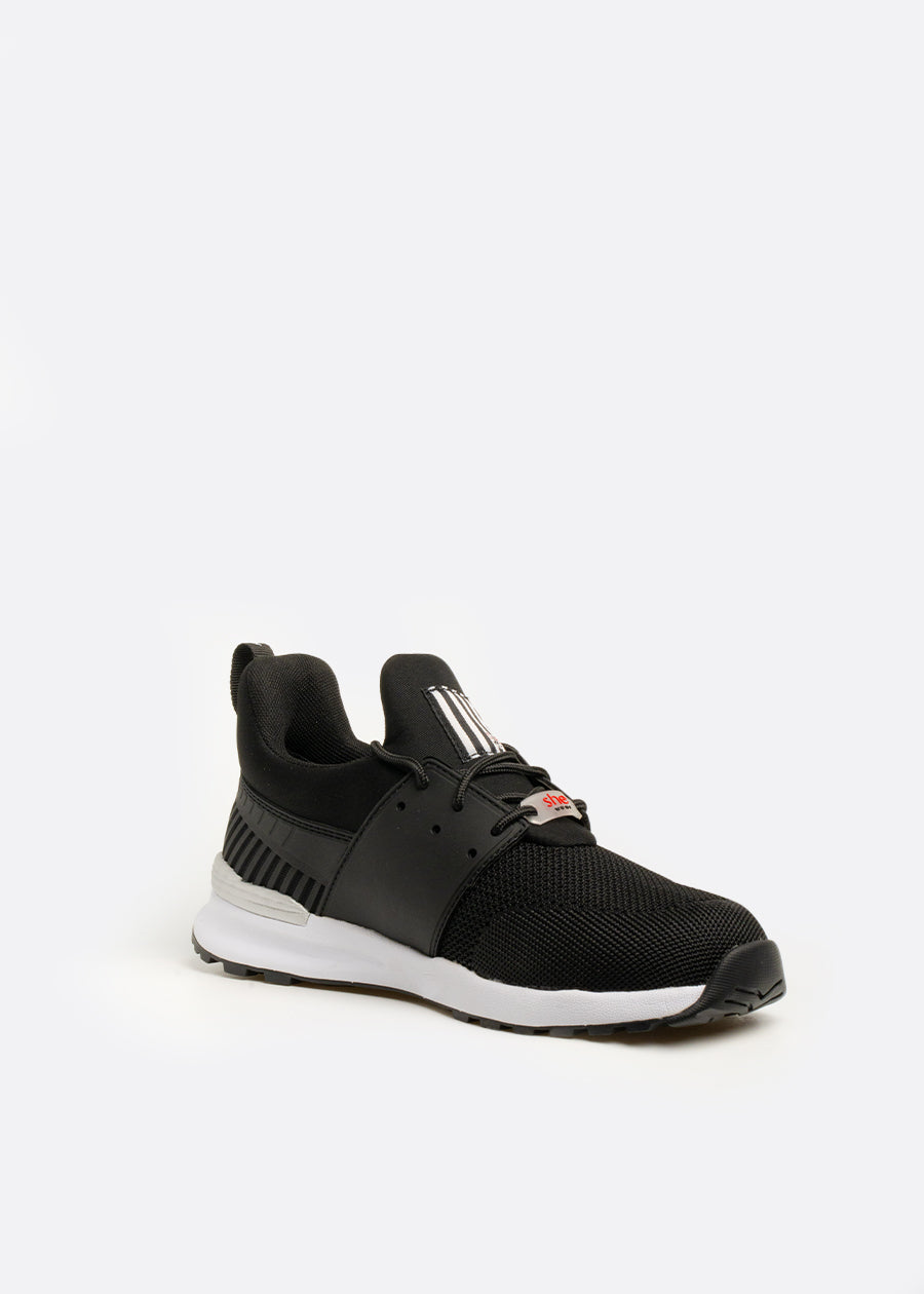 Black and white athleisure sneaker with knit mesh upper