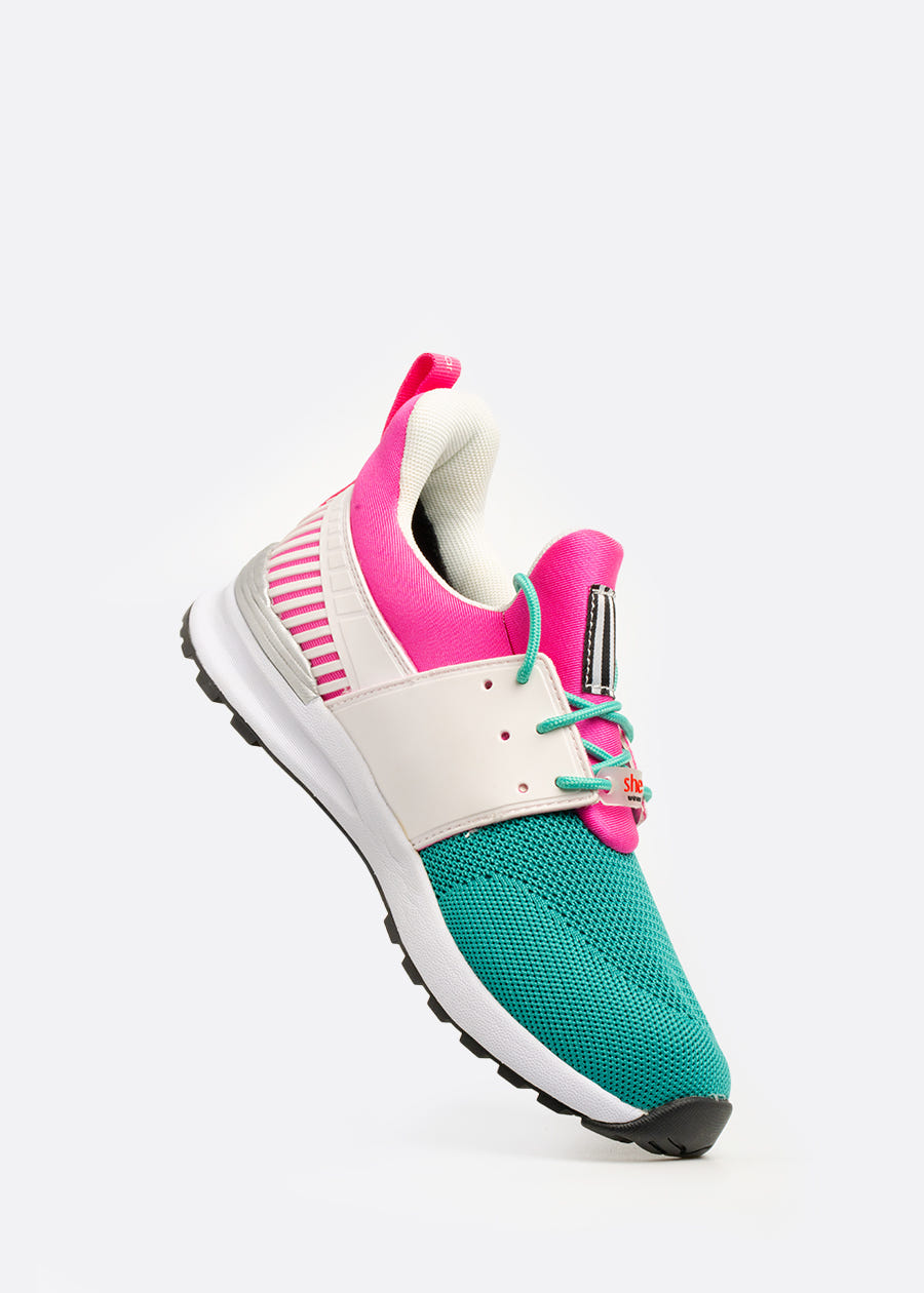 Pink White and Green active sneaker with a hardwearing rubber outsole