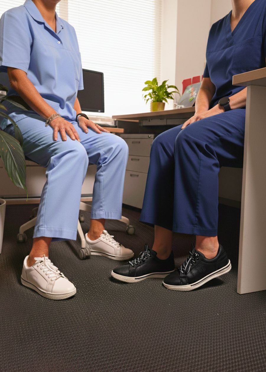 Two Nurses sitting at desk, focused on feet. Women are wearing  black, and black and white, supportive sneakers. 