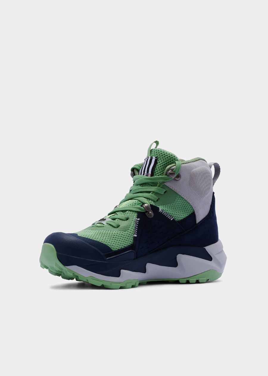 Green and navy lace-up hiking shoe with clever lock lace eyelets.