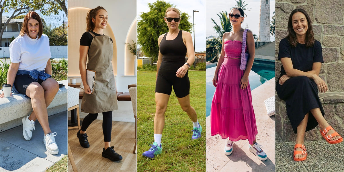 Five image of wearing wearing different styles of shoes