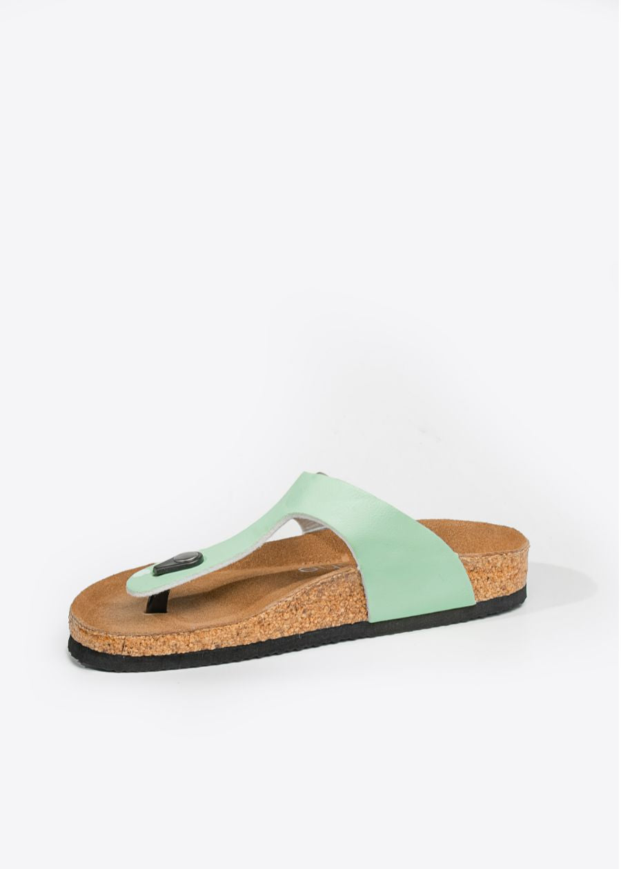 Front view of women's mint green, cork fashion thong 