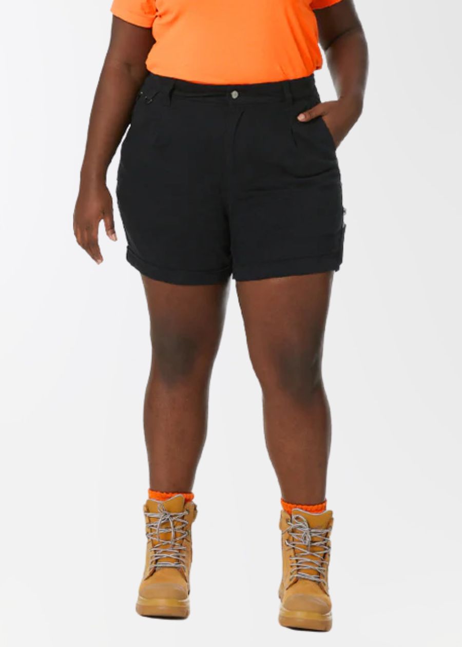 Front view of black high waisted cotton work shorts. 